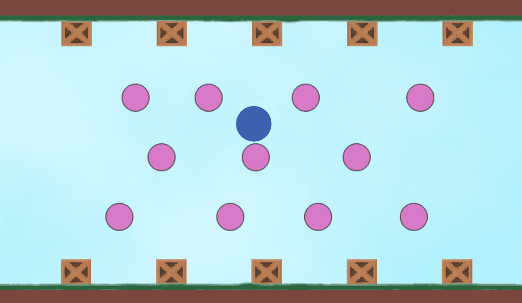 Gameplay from John's Endless Pachinko game. The ceiling and the floor both have brown crates at regular intervals. A blue ball bounces in the air between three rows of pink balls.