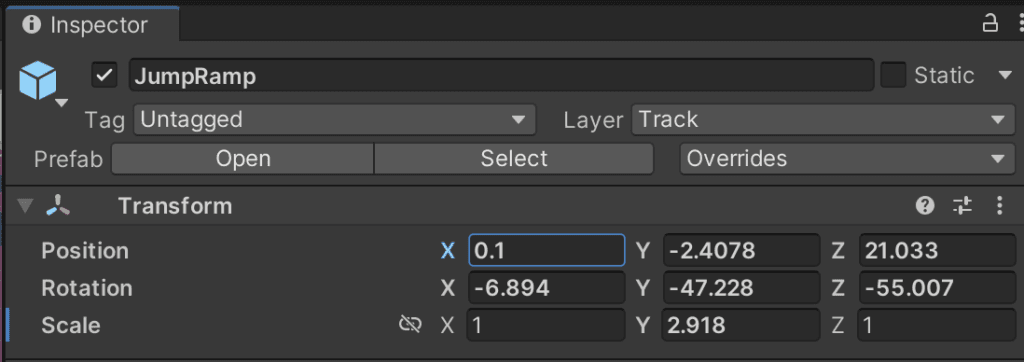 Subsection of the Unity editor inspector, where you can see various values for the object you have selected.