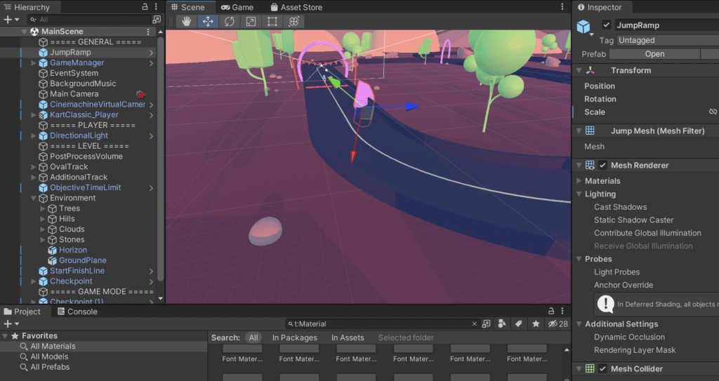 Unity editor में Karting Microgame edit करते हुए।