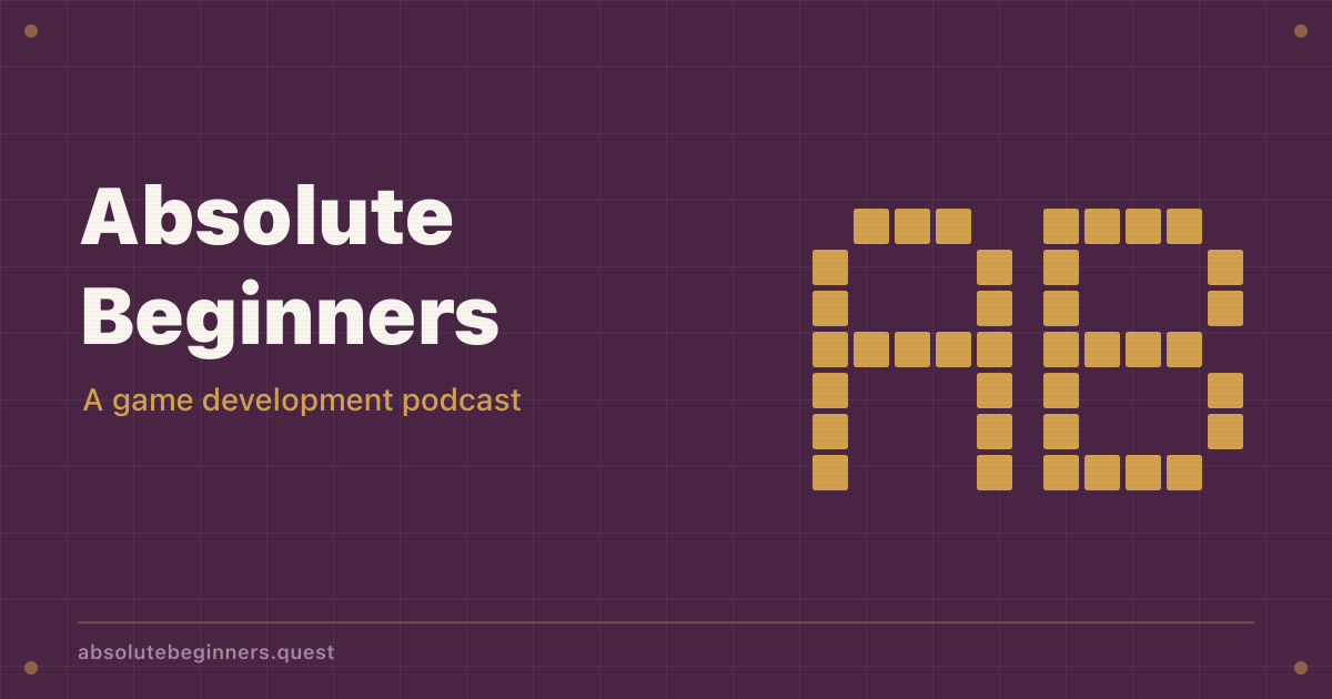 Absolute Beginners logo. A capital A and a capital B in a square of pastel and light earth tones, surrounded by small playful icons and letters that suggest a board game