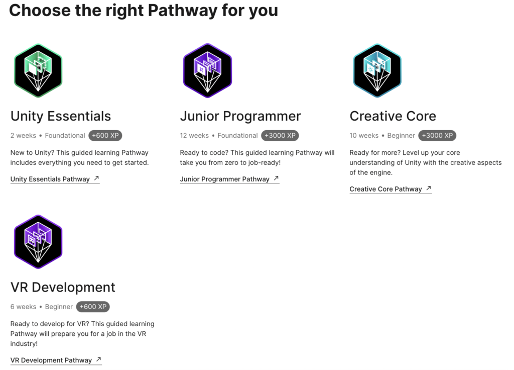 Section of the Pathways page on learn.unity.com. The heading says 'Choose the right Pathway for you,' and there are brief descriptions of the four pathways: Unity Essentials, Junior Programmer, Creative Core, and VR Development.