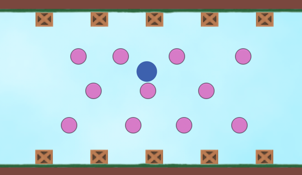 Gameplay from John's Endless Pachinko game. The ceiling and the floor both have brown crates at regular intervals. A blue ball bounces in the air between three rows of pink balls.