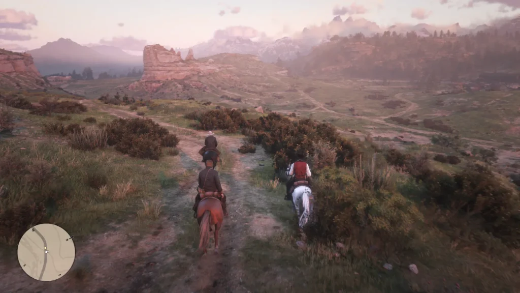 A still image from Red Dead Redemption 2 showing three characters riding toward the sunset on horses